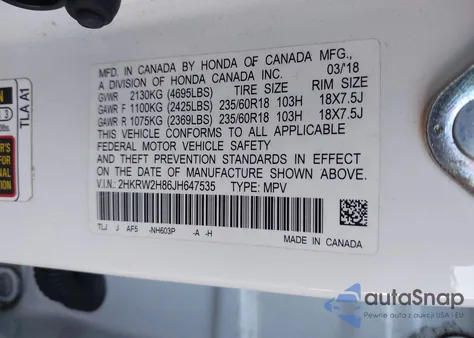 2018 Honda Cr-V Ex-L/Ex-L Navi from USA, damaged, VIN 2HKRW2H86JH647535